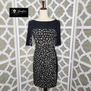 Chaps Women's Black Abstract Ruched Side Short Sleeve Sheath Dress